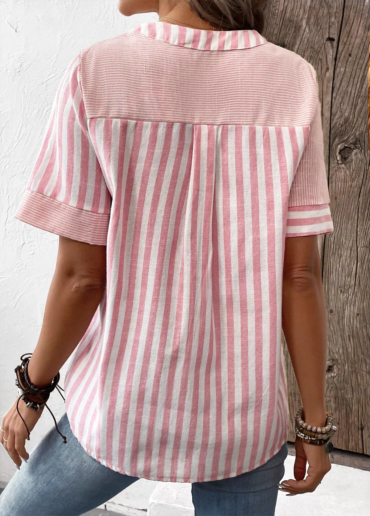 New Pink Patchwork Striped Short Sleeve Split Neck Blouse Linen like material, Sz L Retails $45 