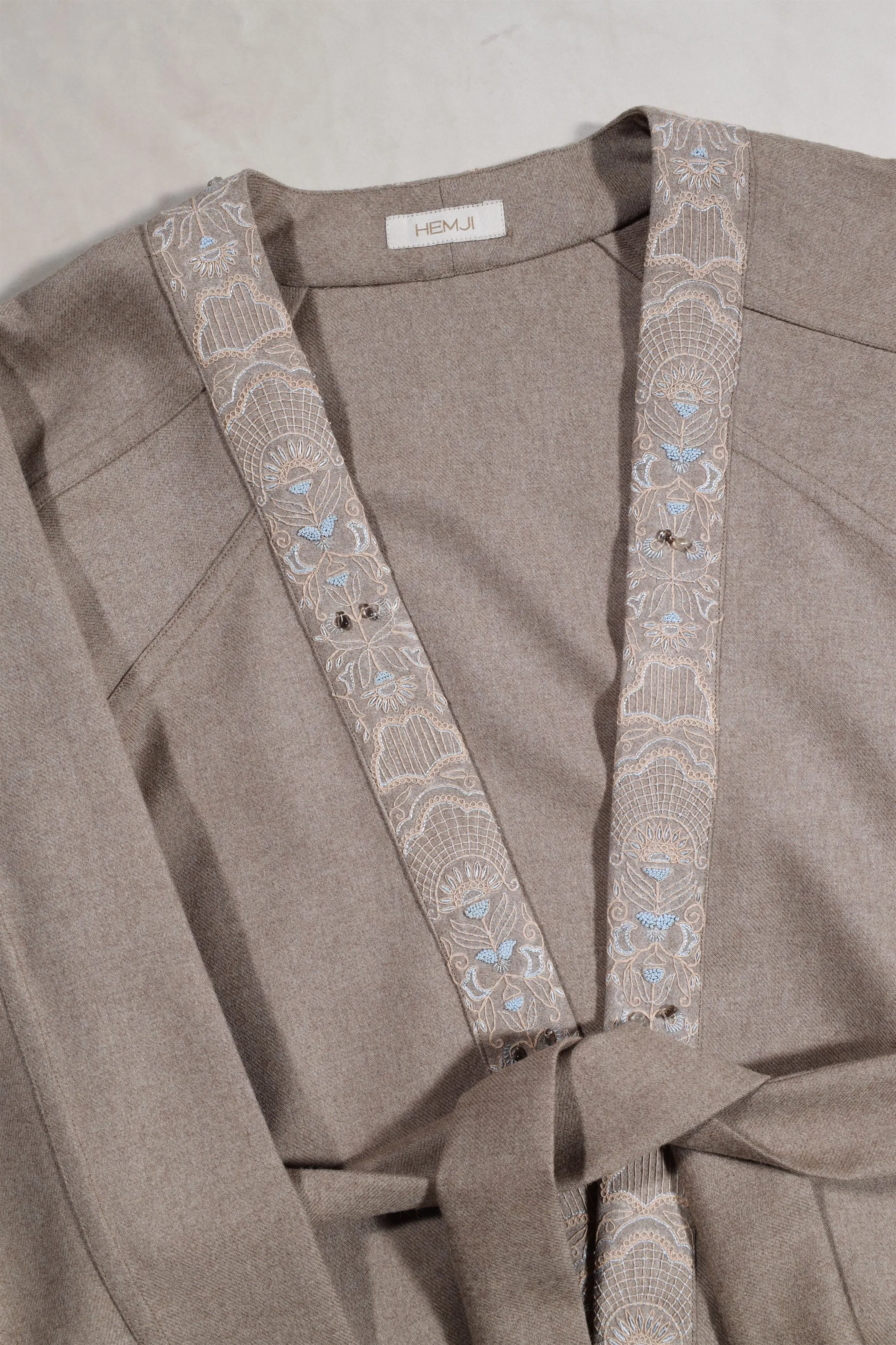 New Season Summer to Fall 2024-Kimono Overlay Wrap Embroidered Wool Brown-TB/W/065-Suzanne-Fashion Edit Hemji
