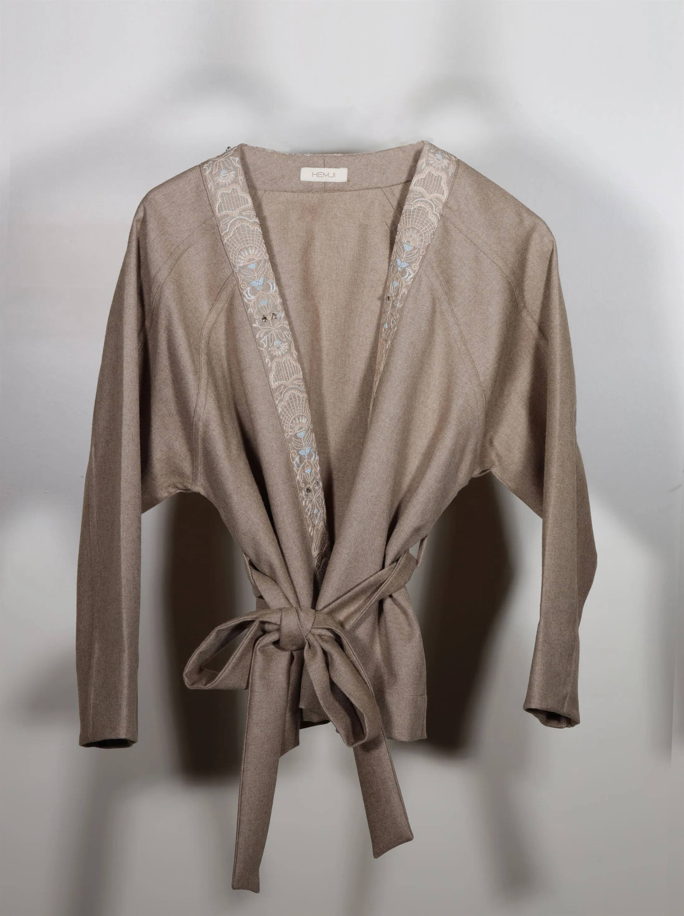 New Season Summer to Fall 2024-Kimono Overlay Wrap Embroidered Wool Brown-TB/W/065-Suzanne-Fashion Edit Hemji