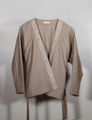 New Season Summer to Fall 2024-Kimono Overlay Wrap Embroidered Wool Brown-TB/W/065-Suzanne-Fashion Edit Hemji