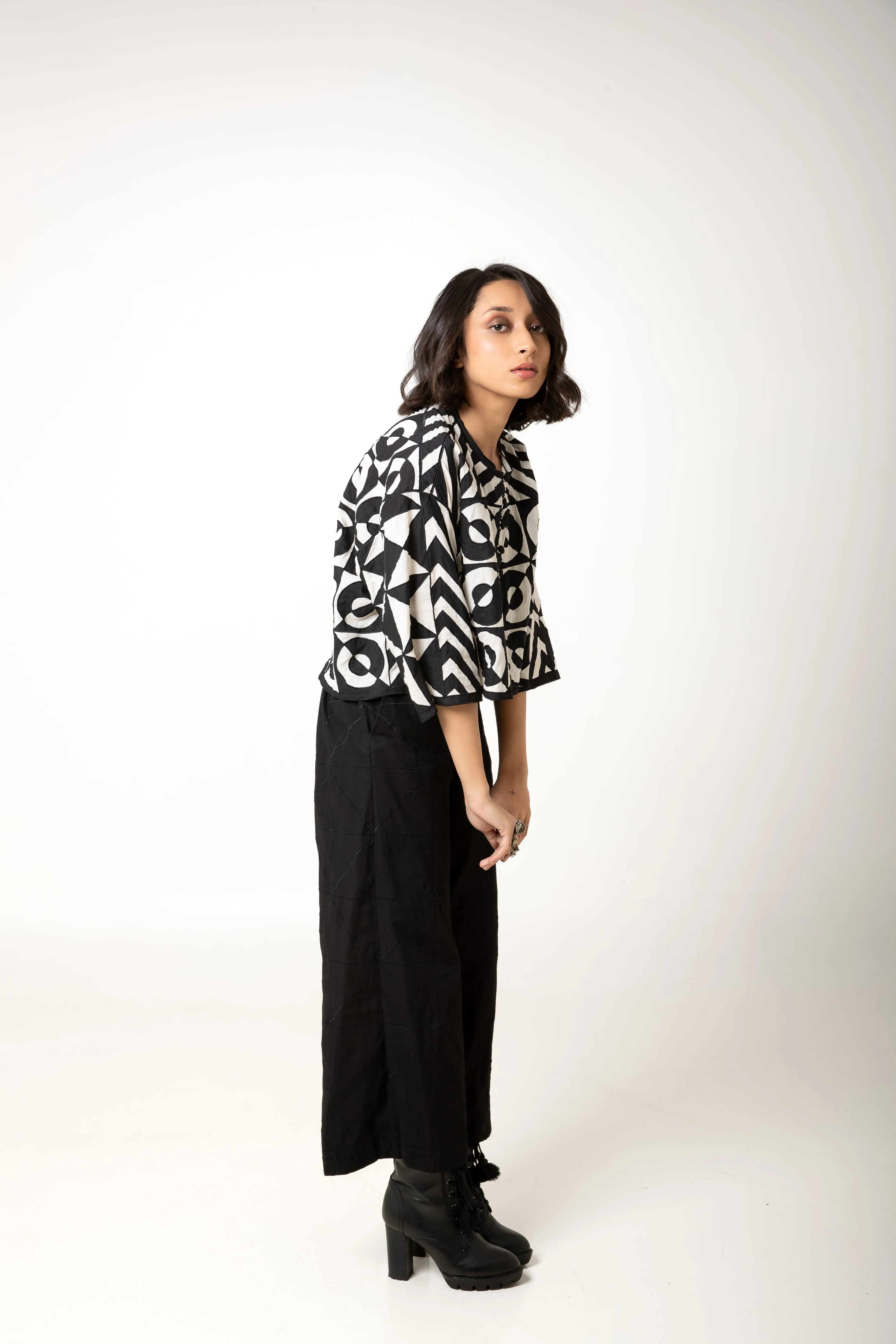 New Season Summer/Fall 2024-Tunic Motif Cotton Shrey Black White -Ka-Sha - Fashion Edit Aseem