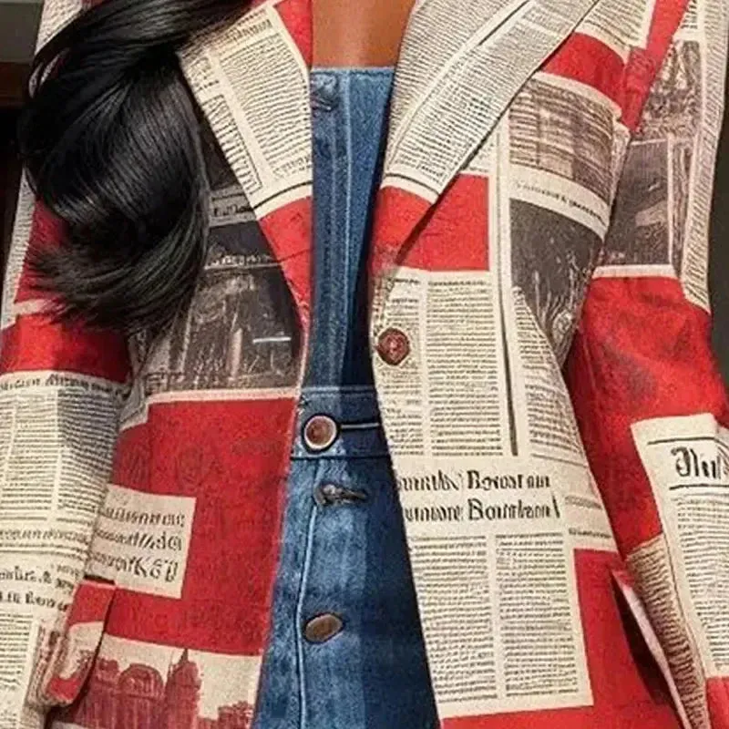 Newspaper Print Notched Collar Long Blazer