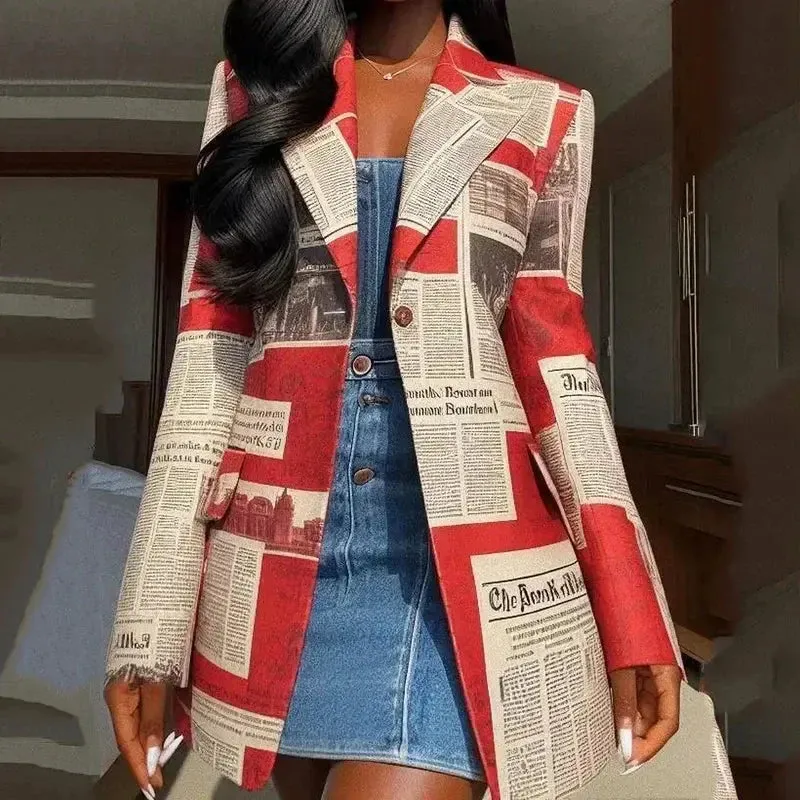 Newspaper Print Notched Collar Long Blazer