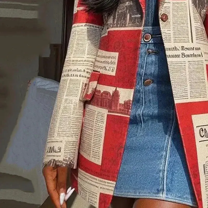 Newspaper Print Notched Collar Long Blazer