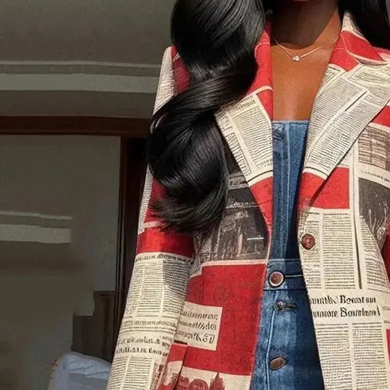 Newspaper Print Notched Collar Long Blazer
