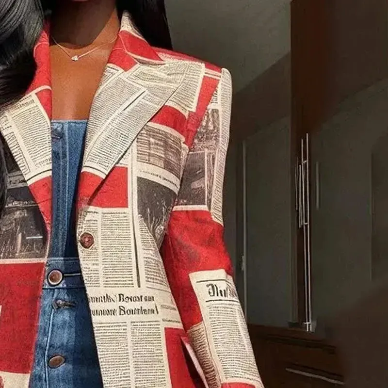 Newspaper Print Notched Collar Long Blazer