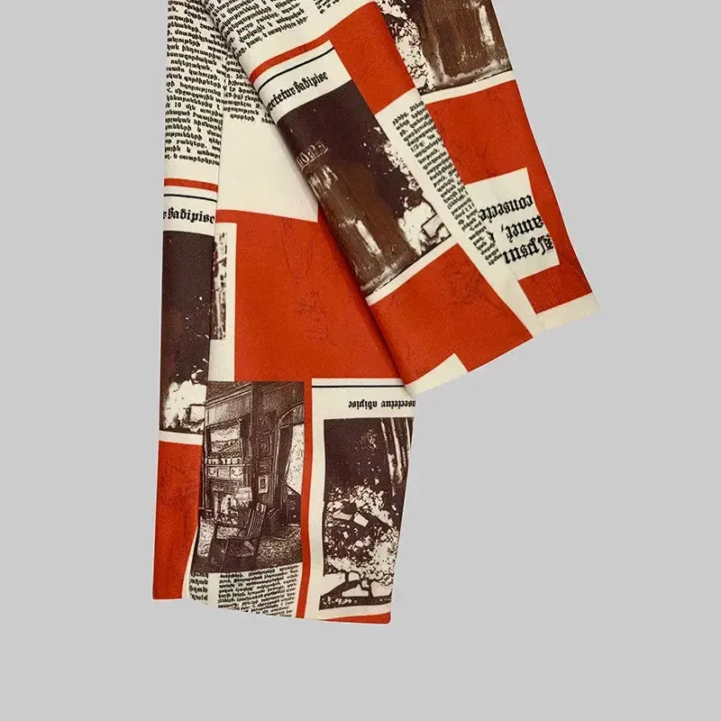 Newspaper Print Notched Collar Long Blazer