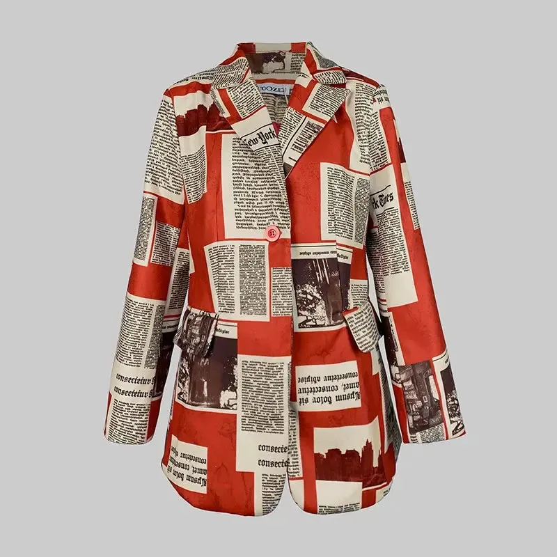 Newspaper Print Notched Collar Long Blazer