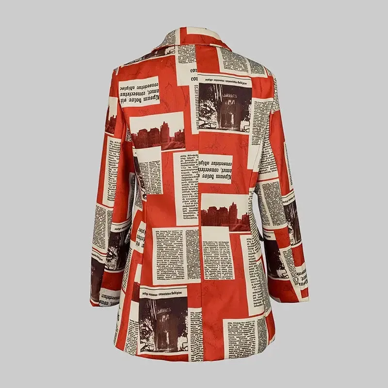 Newspaper Print Notched Collar Long Blazer