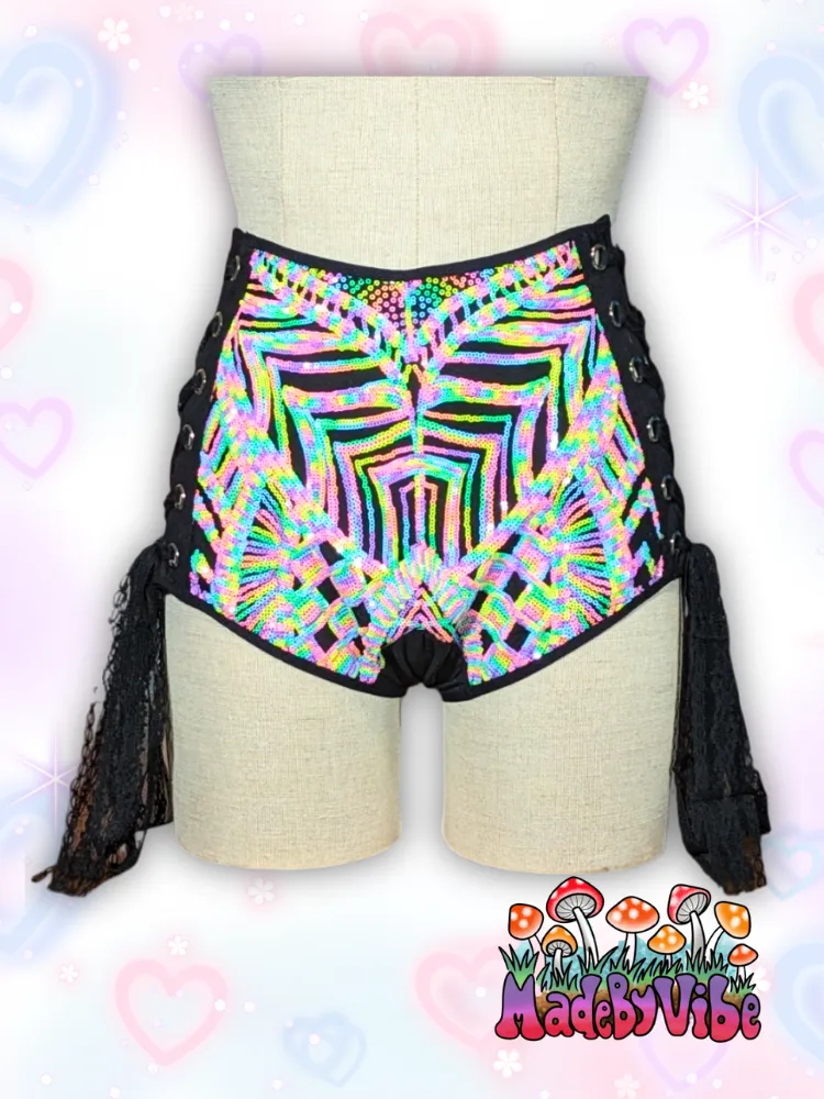 Nostalgic Neon High Waisted Side Lace Booty Shorts - Ready to Ship