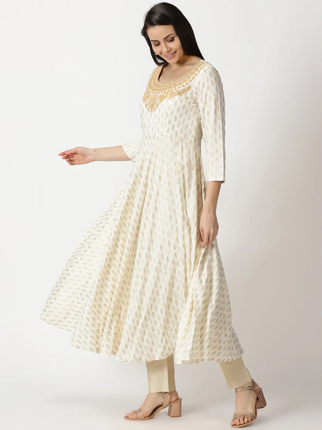 Off White Dobby Gold Printed Anarkali Kurta with Embroidered Neck