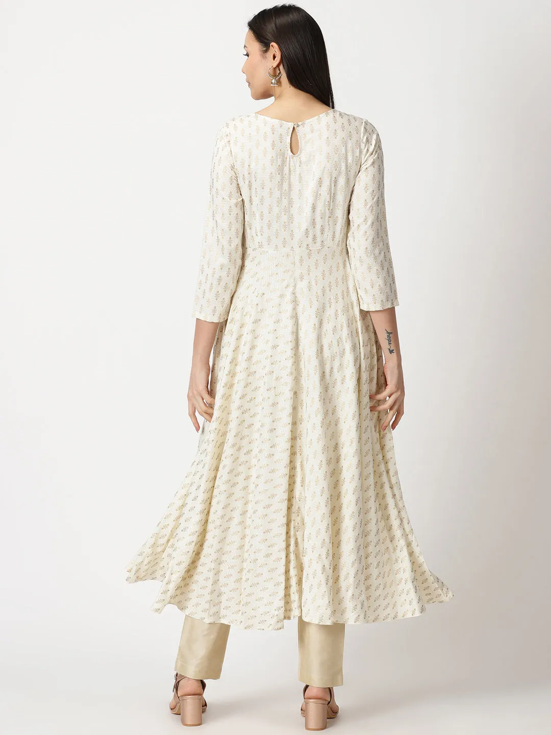 Off White Dobby Gold Printed Anarkali Kurta with Embroidered Neck