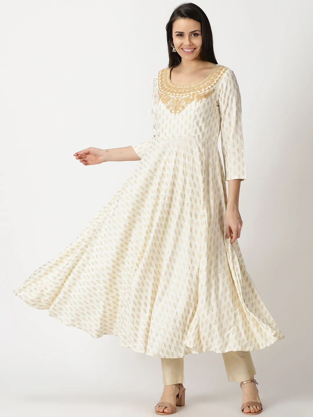 Off White Dobby Gold Printed Anarkali Kurta with Embroidered Neck