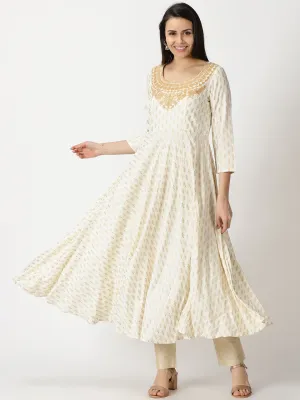 Off White Dobby Gold Printed Anarkali Kurta with Embroidered Neck
