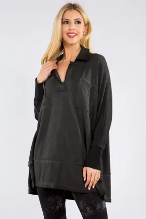 Oil Washed Baby French Terry Collared Tunic - Caviar