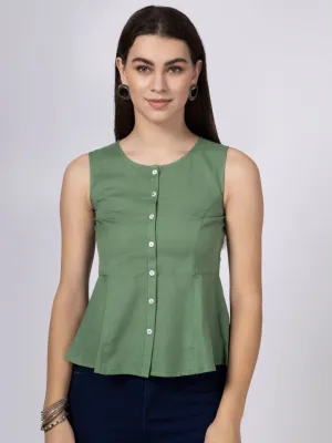 Olive Cotton Flax Panelled A-Line Top with Button-Down Placket