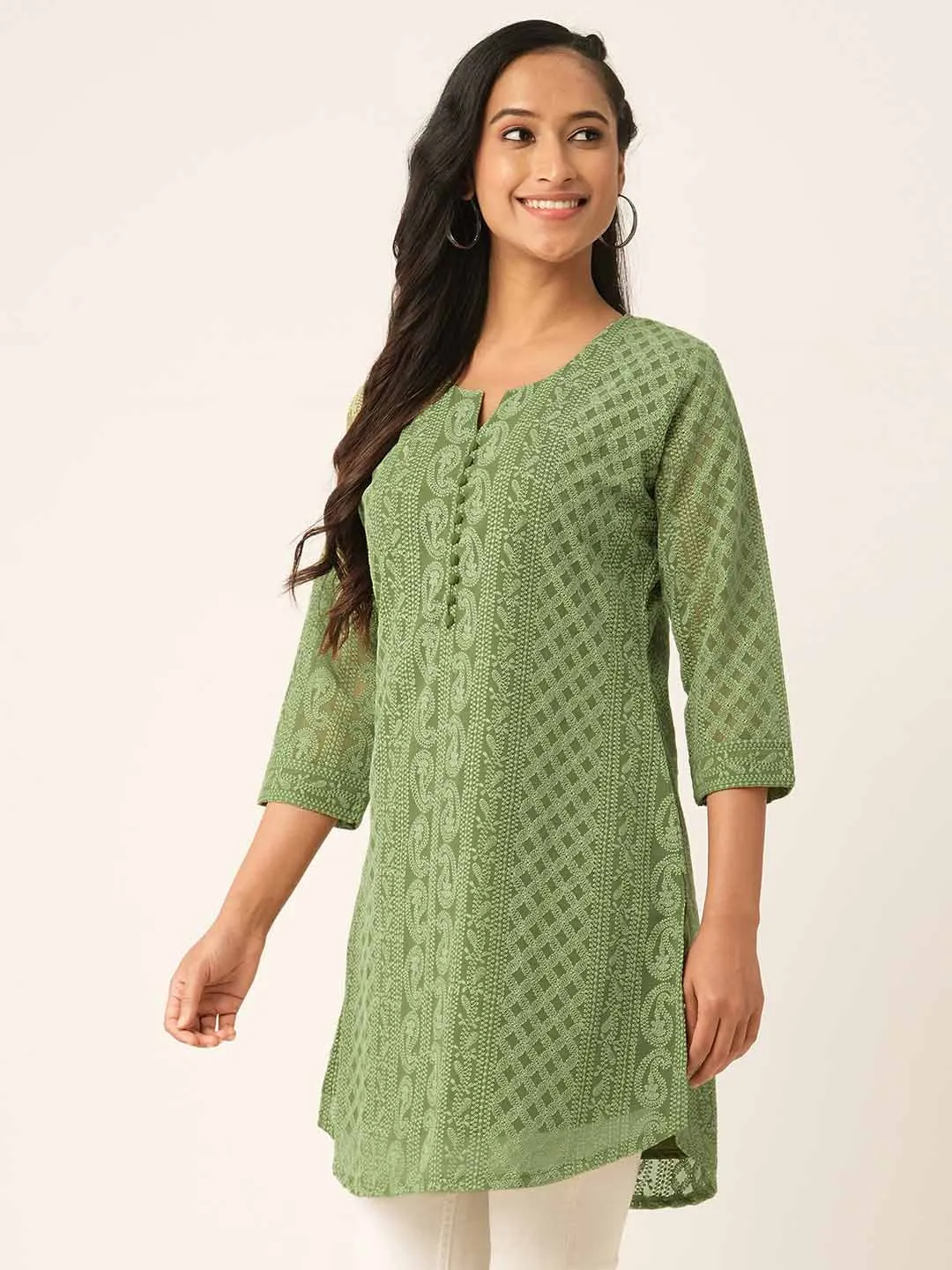 Olive Green Paisley Embroidered Georgette Lucknowi Chikankari Thigh Length Tunic For Women - ZOLA