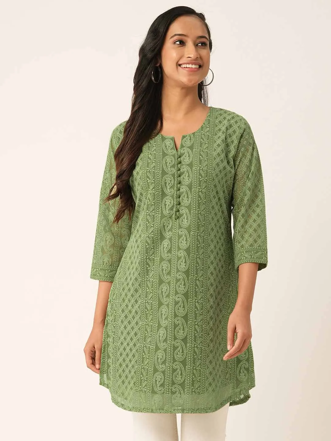 Olive Green Paisley Embroidered Georgette Lucknowi Chikankari Thigh Length Tunic For Women - ZOLA