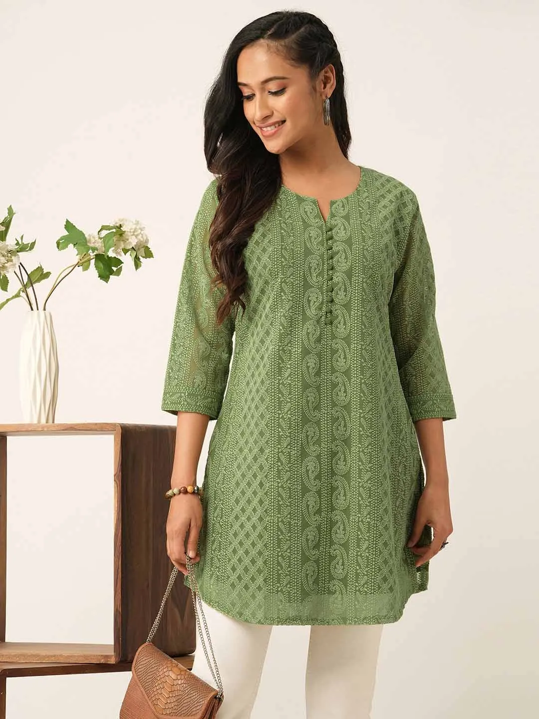 Olive Green Paisley Embroidered Georgette Lucknowi Chikankari Thigh Length Tunic For Women - ZOLA