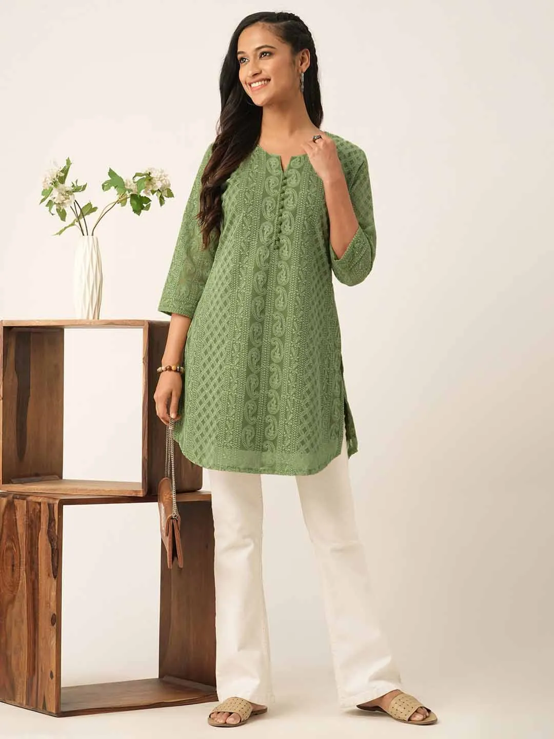 Olive Green Paisley Embroidered Georgette Lucknowi Chikankari Thigh Length Tunic For Women - ZOLA