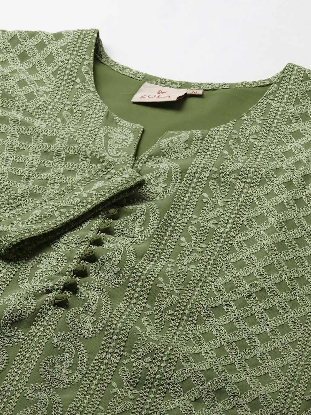 Olive Green Paisley Embroidered Georgette Lucknowi Chikankari Thigh Length Tunic For Women - ZOLA