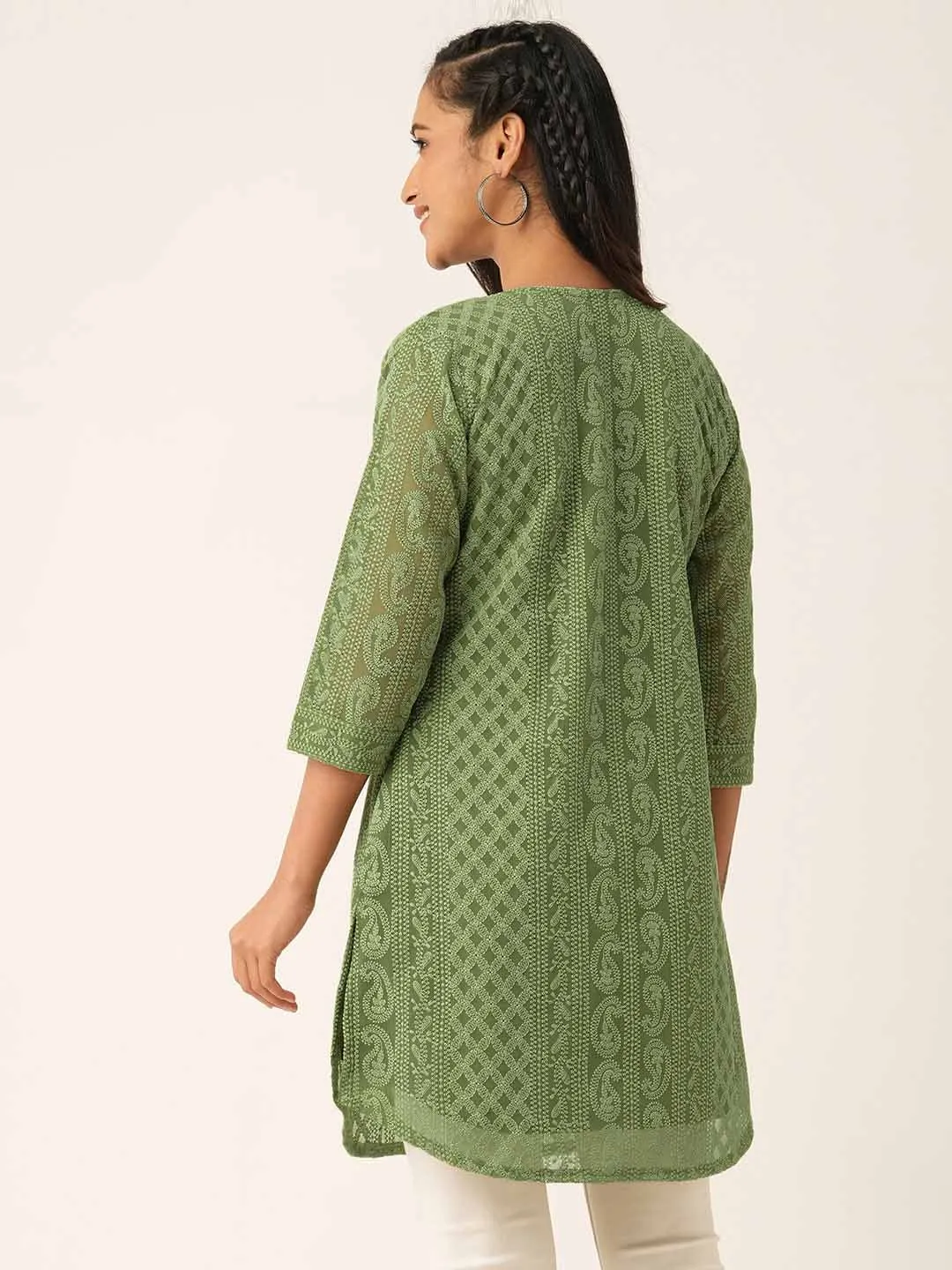 Olive Green Paisley Embroidered Georgette Lucknowi Chikankari Thigh Length Tunic For Women - ZOLA