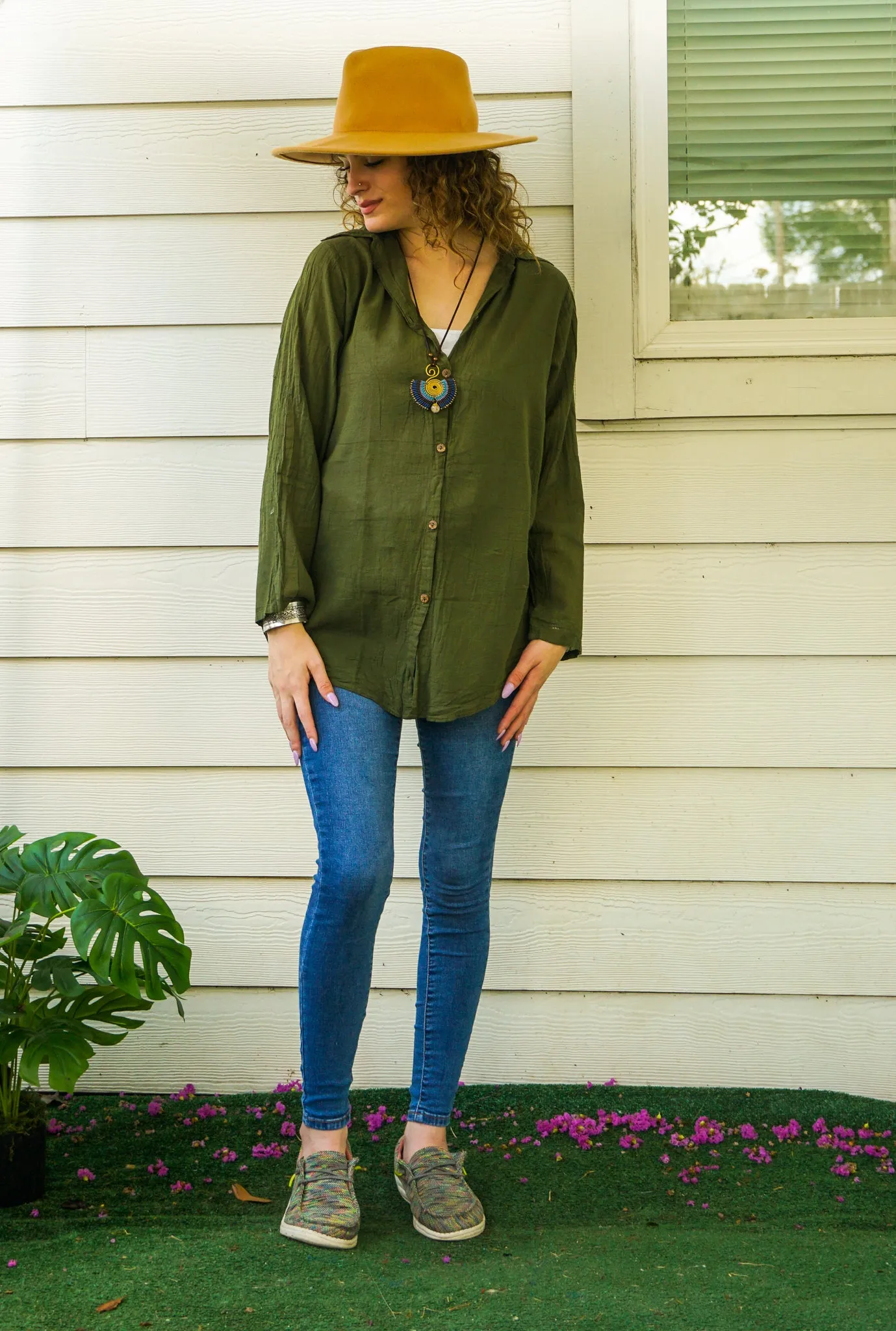 Olive Green Raw Cotton Gauze Collared Long Sleeve Blouse