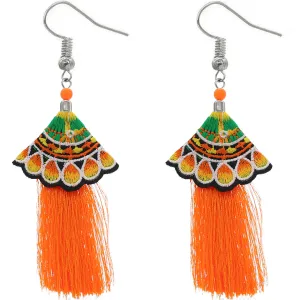 Orange Embroidered Ruffle Long Tassel Dangle Earrings