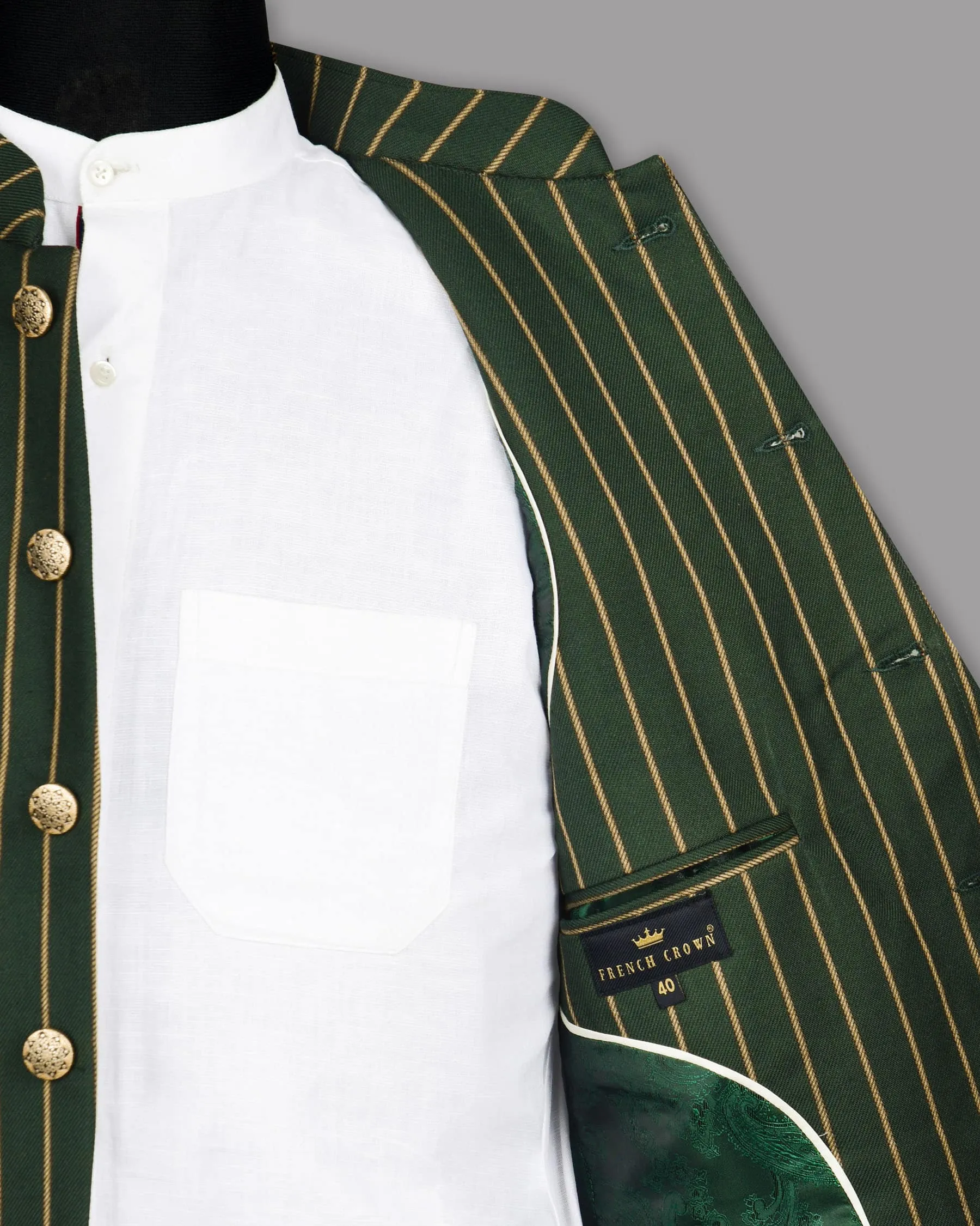 Outer Space Green striped Bandhgala/Mandarin Blazer