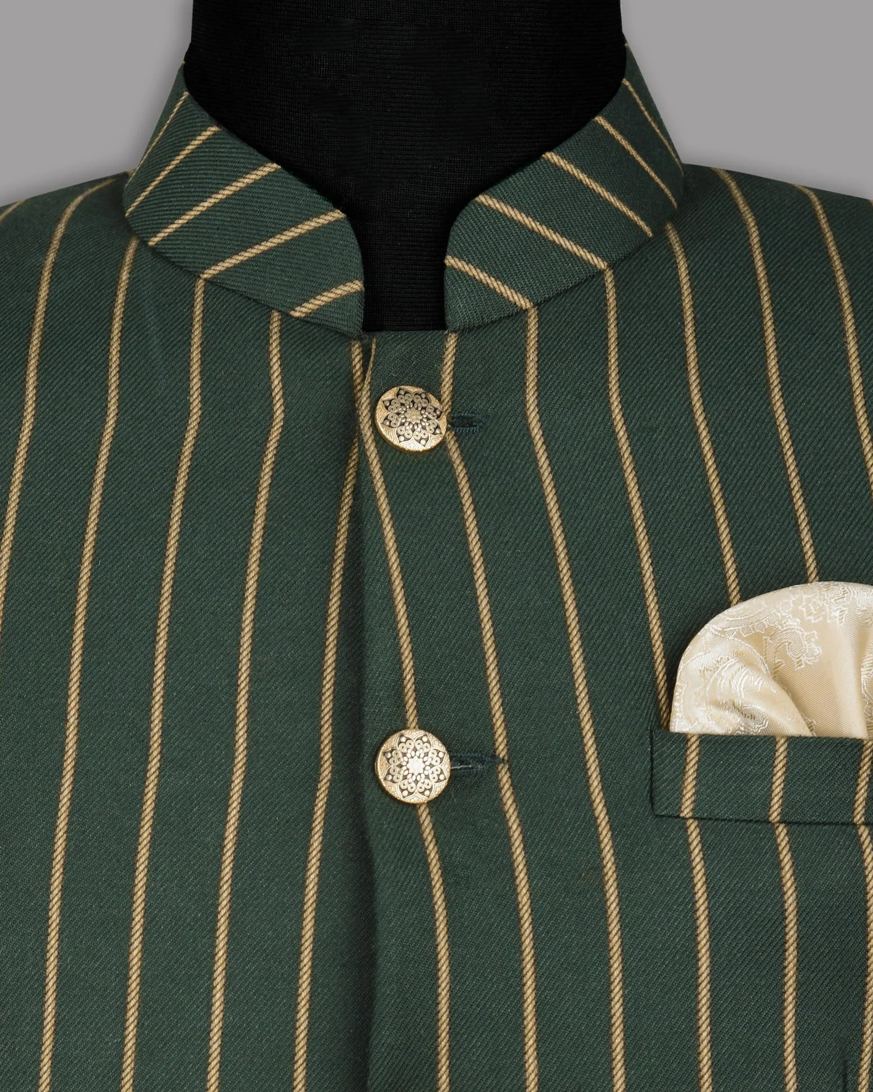 Outer Space Green striped Bandhgala/Mandarin Blazer