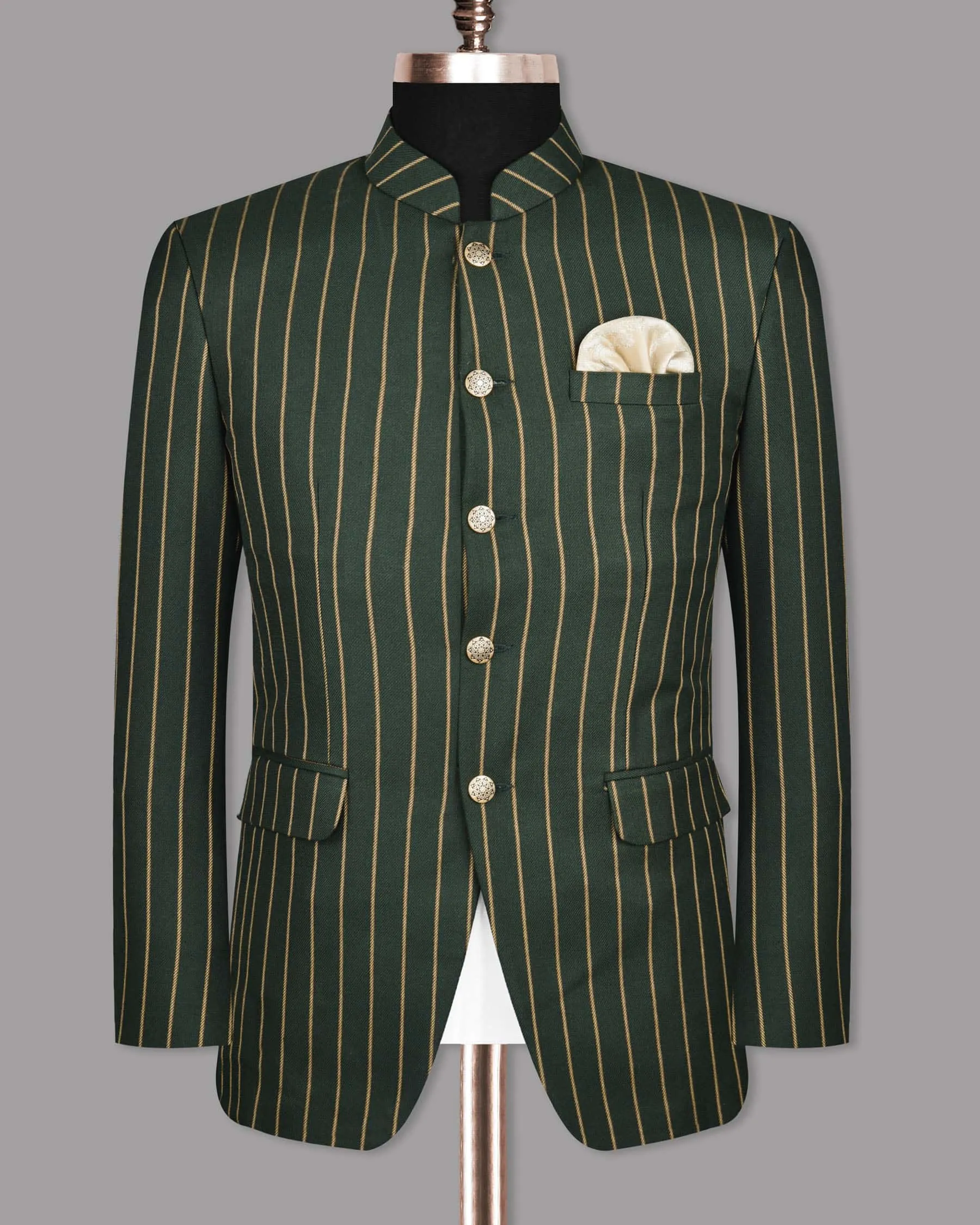Outer Space Green striped Bandhgala/Mandarin Blazer