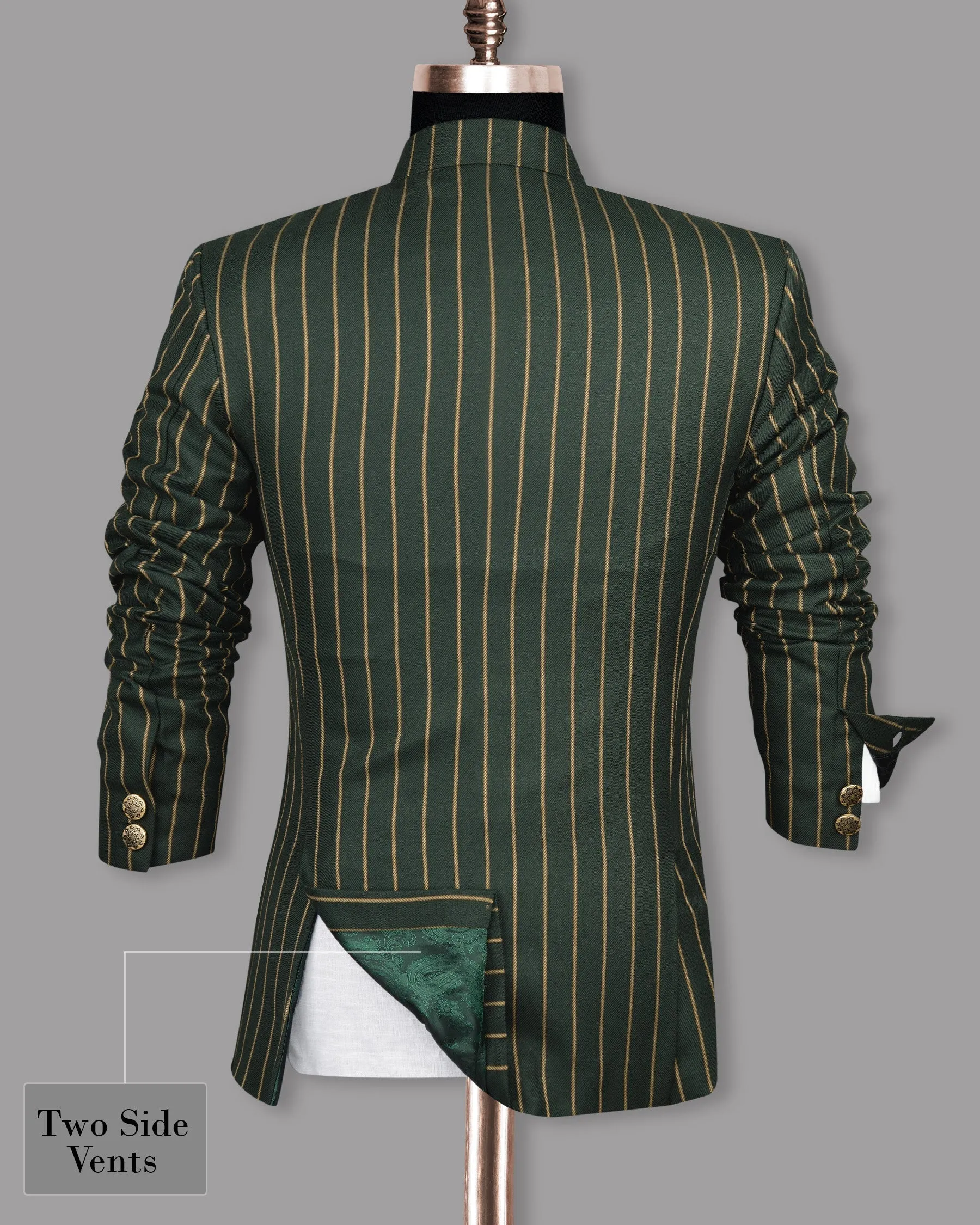 Outer Space Green striped Bandhgala/Mandarin Blazer
