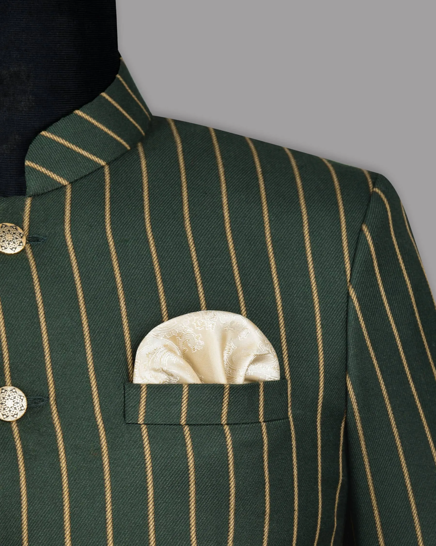 Outer Space Green striped Bandhgala/Mandarin Blazer
