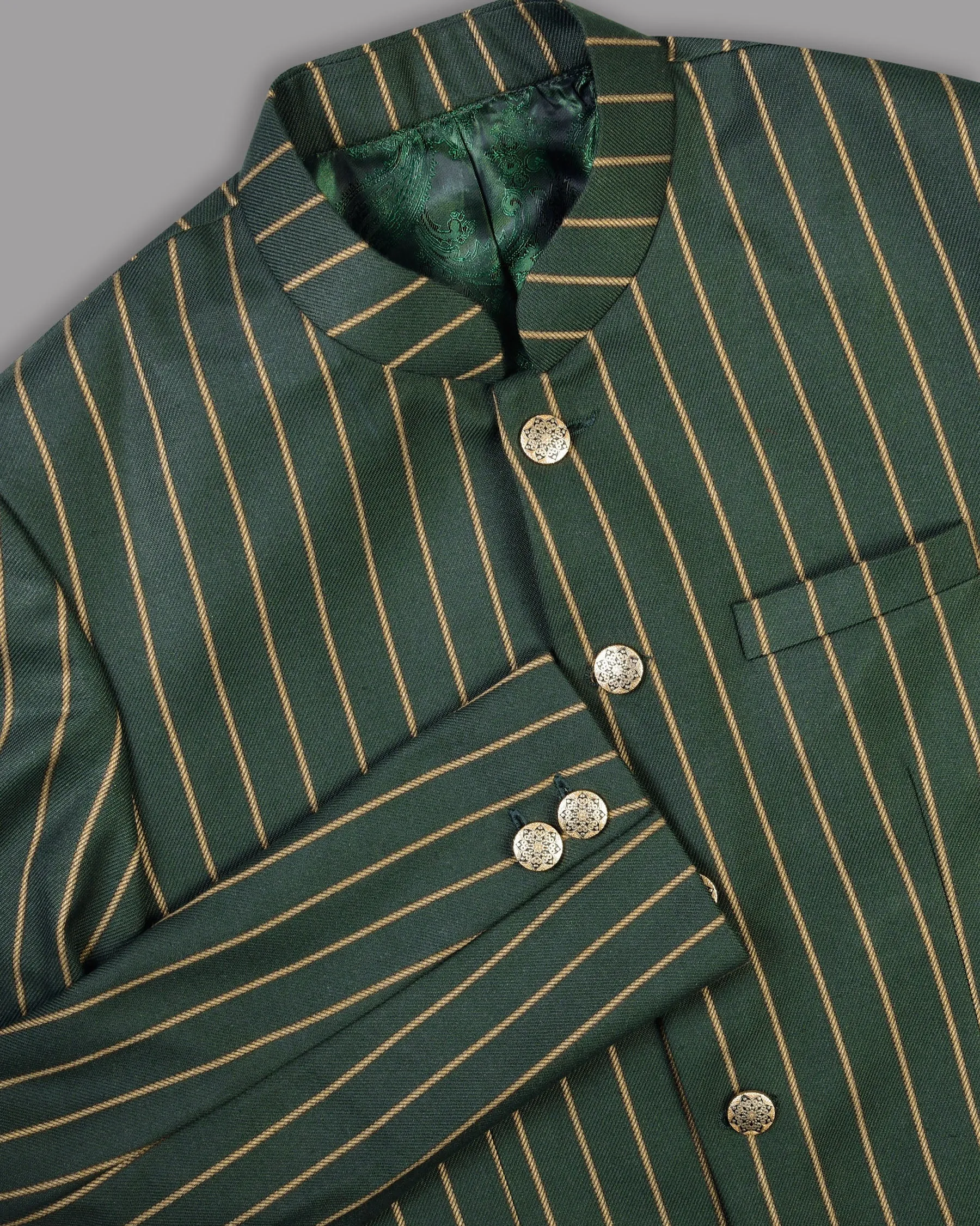 Outer Space Green striped Bandhgala/Mandarin Blazer