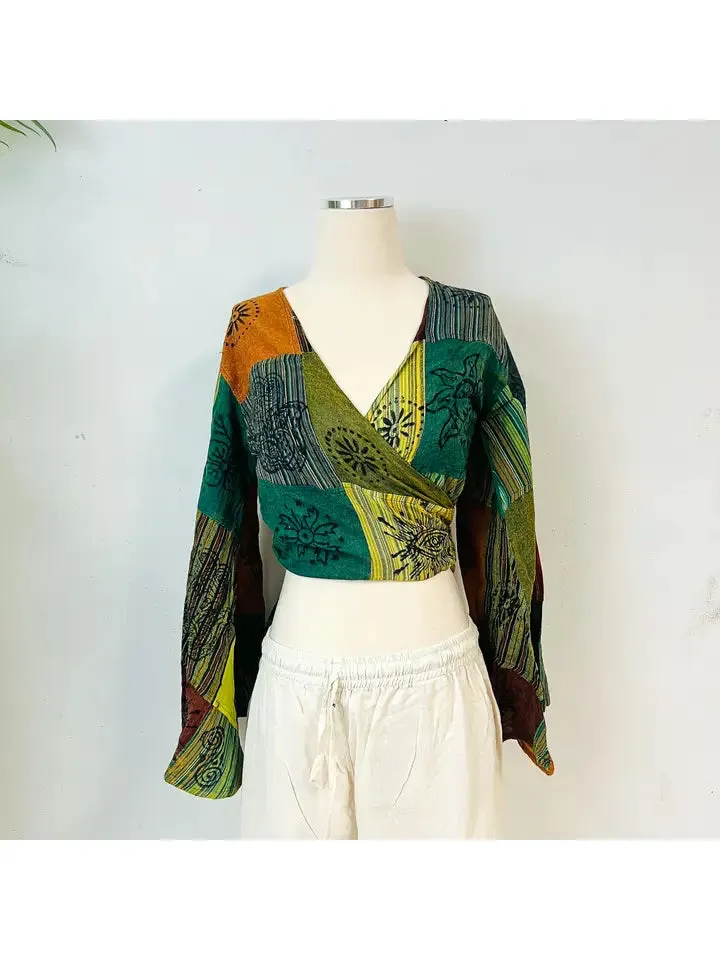Patchwork Cotton Bell Sleeve Wrap Top