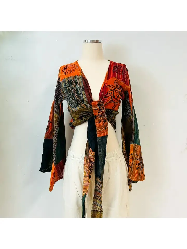 Patchwork Cotton Bell Sleeve Wrap Top