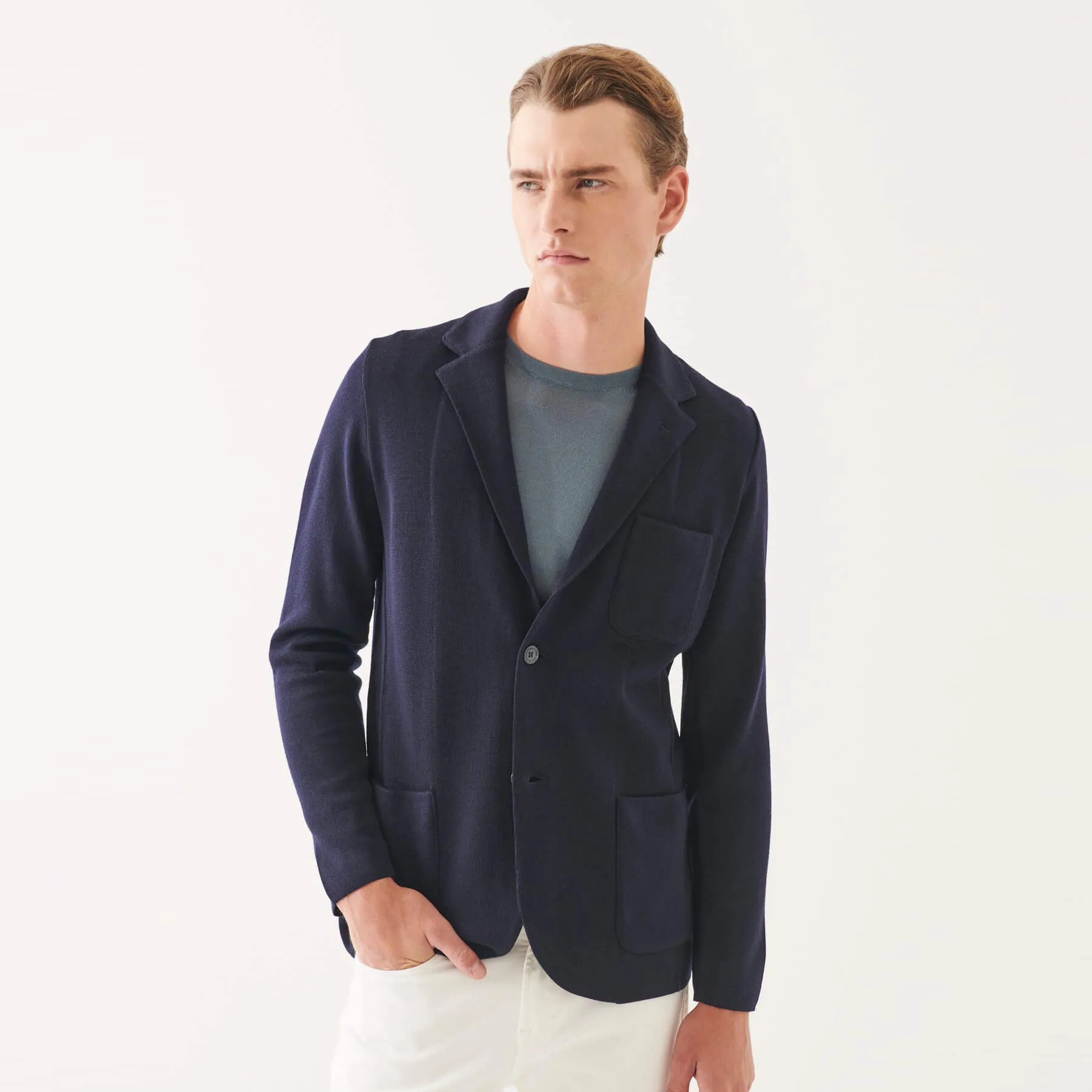 Patrick Assaraf Double Face Merino Half Milano Stitch Blazer - Navy
