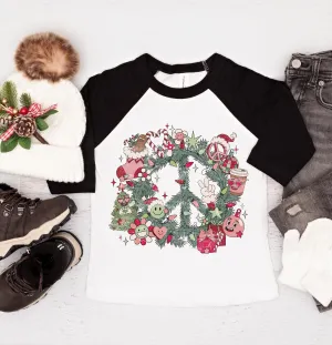 Peace Wreath Christmas Raglan Tee/ Family Christmas Tees / Toddler, Youth, and Adult sizing