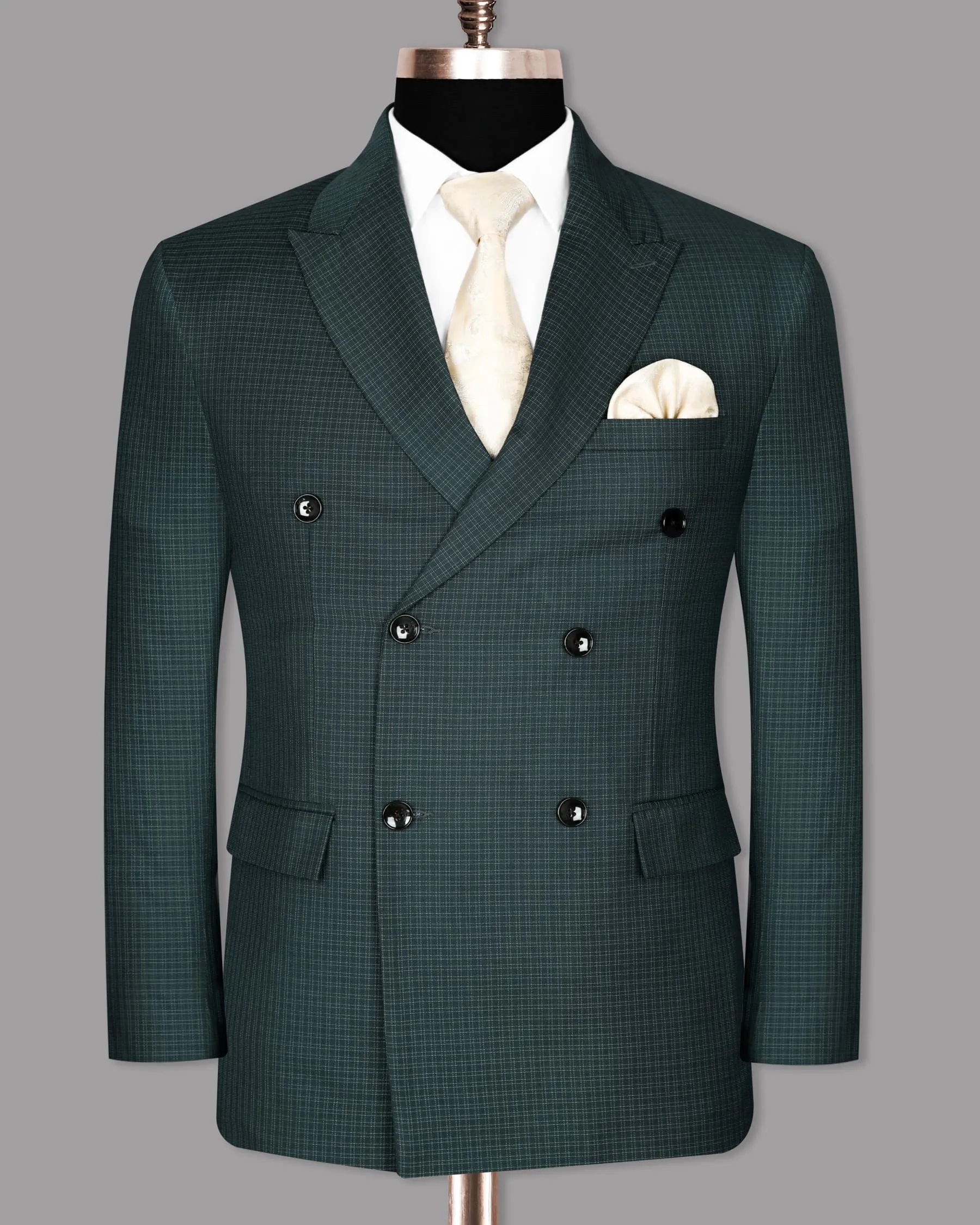 Peacock Green Double Windowpane Wool Rich Double Breasted Blazer