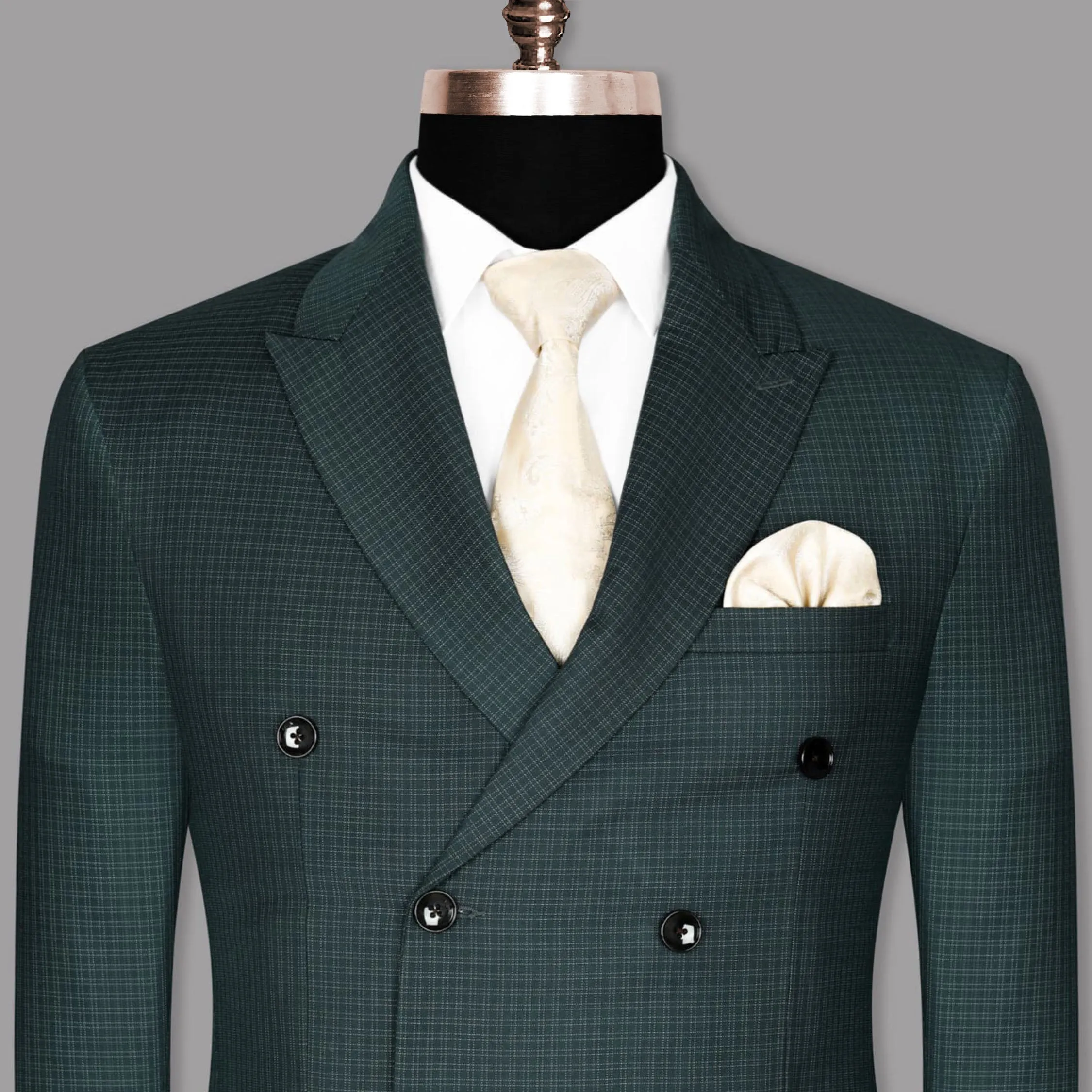 Peacock Green Double Windowpane Wool Rich Double Breasted Blazer