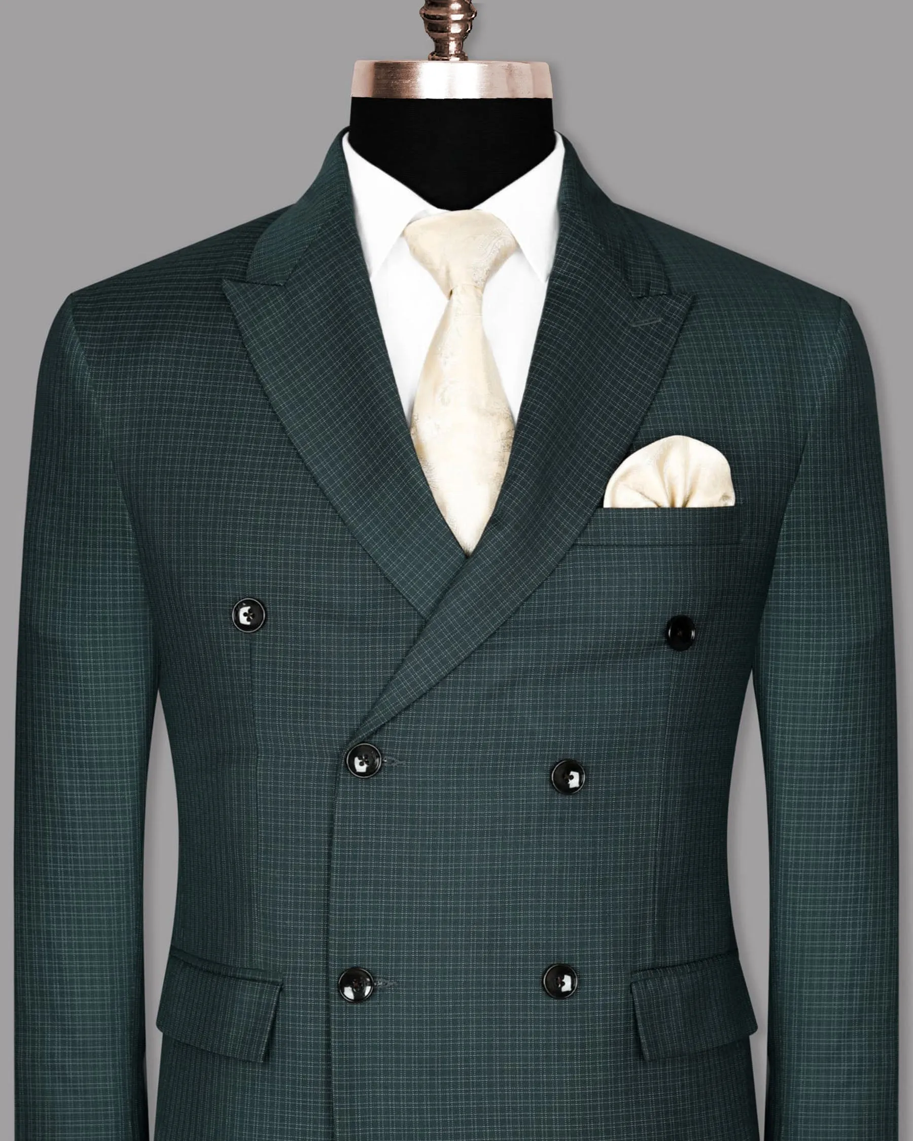 Peacock Green Double Windowpane Wool Rich Double Breasted Blazer