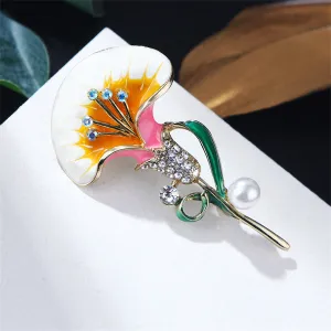 Pearl & Cubic Zirconia Enamel 18K Gold-Plated Petunia Brooch