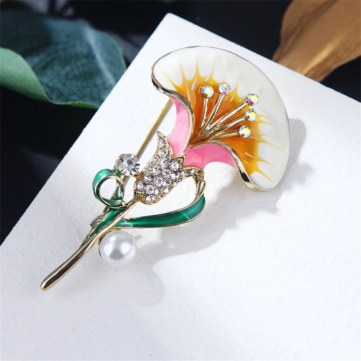 Pearl & Cubic Zirconia Enamel 18K Gold-Plated Petunia Brooch