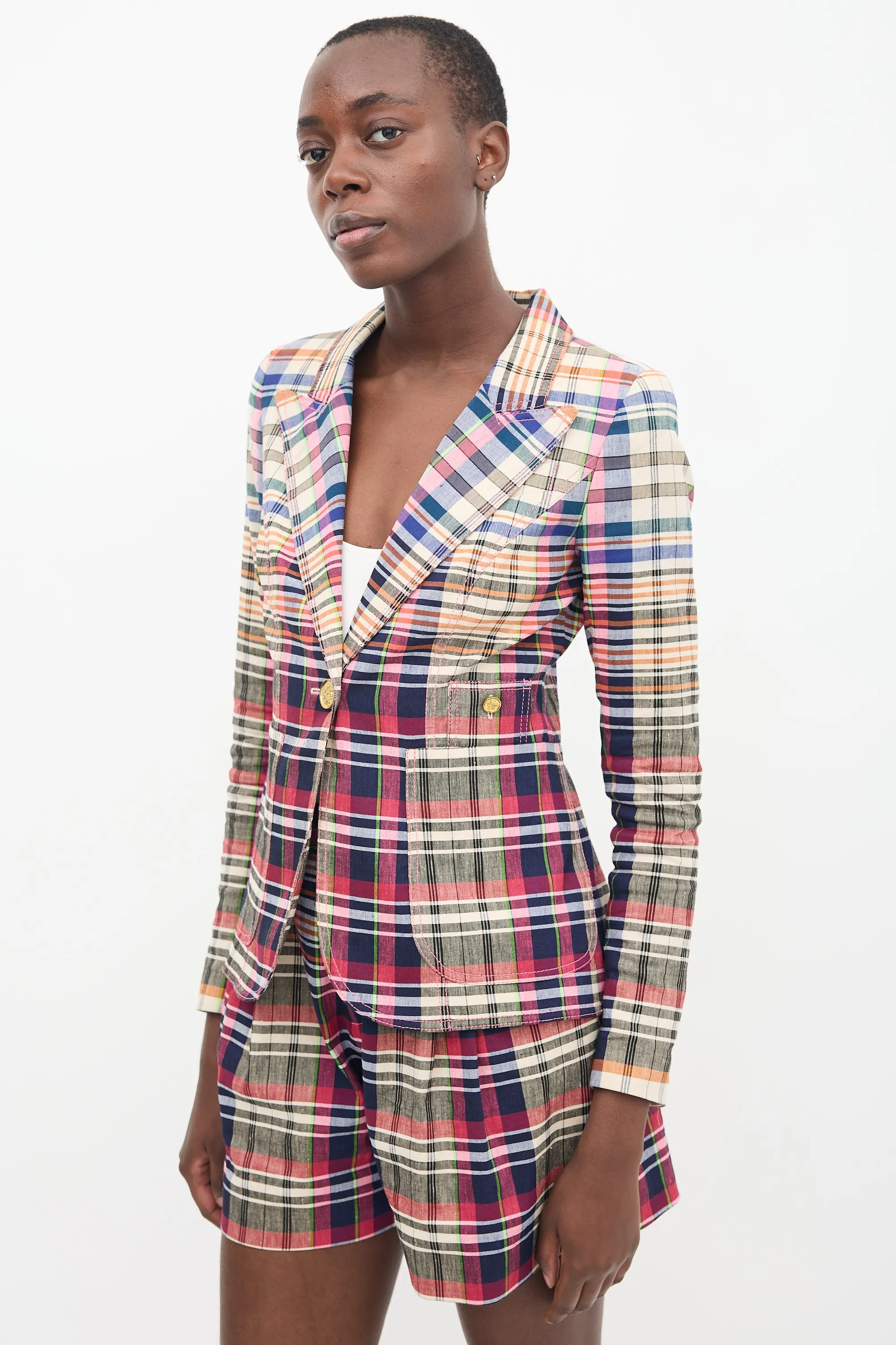 Pink & Multi Linen Plaid Blazer