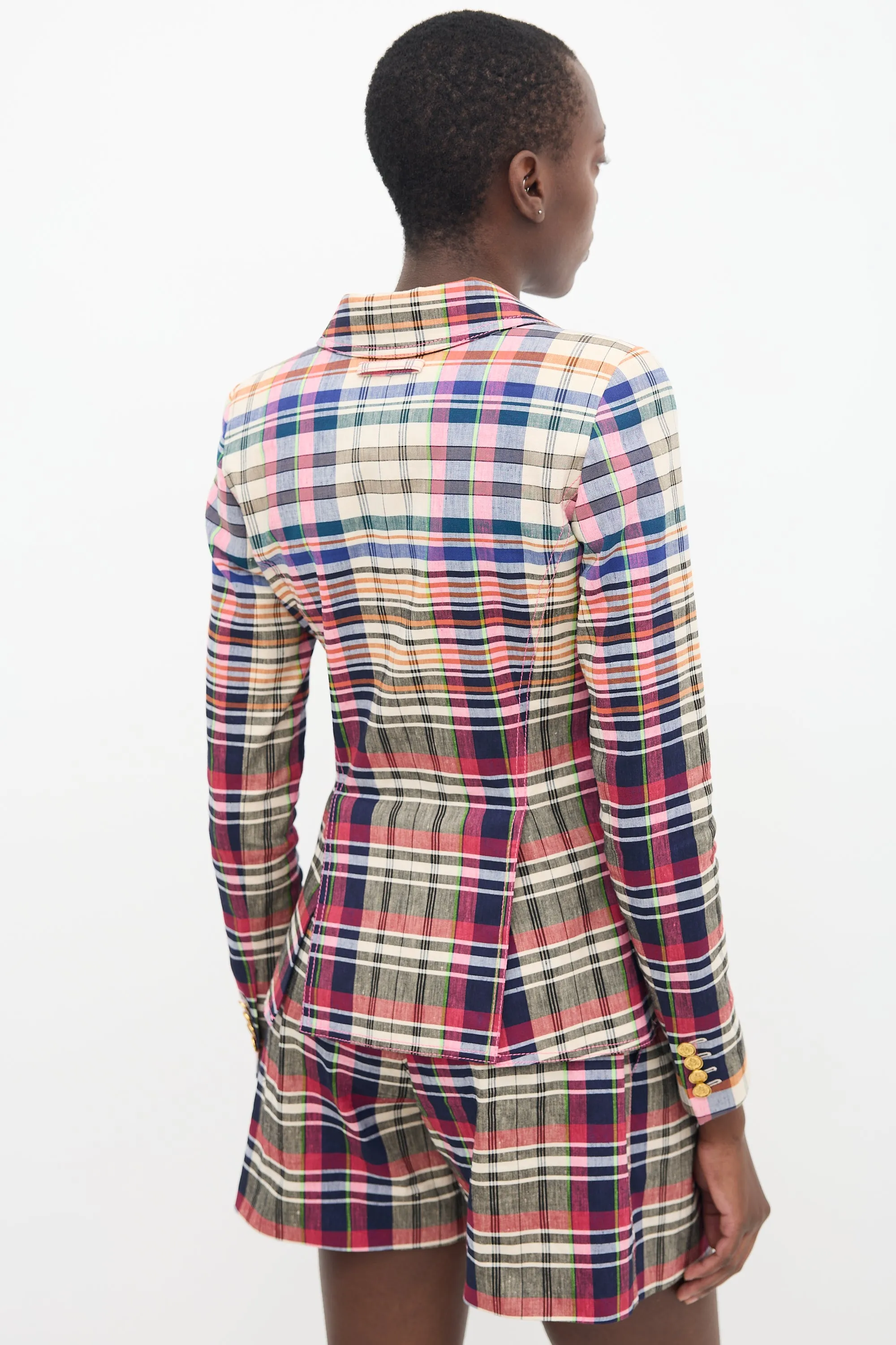 Pink & Multi Linen Plaid Blazer