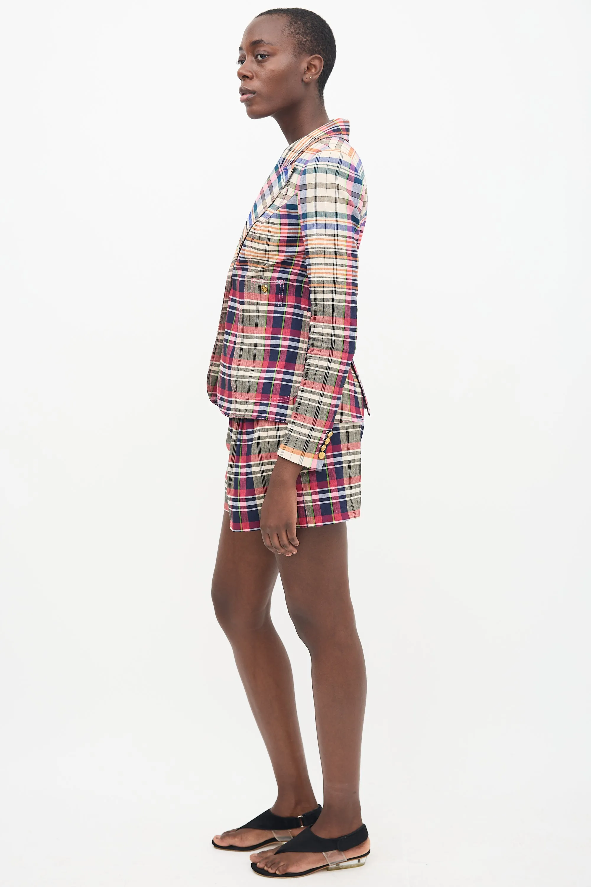 Pink & Multi Linen Plaid Blazer