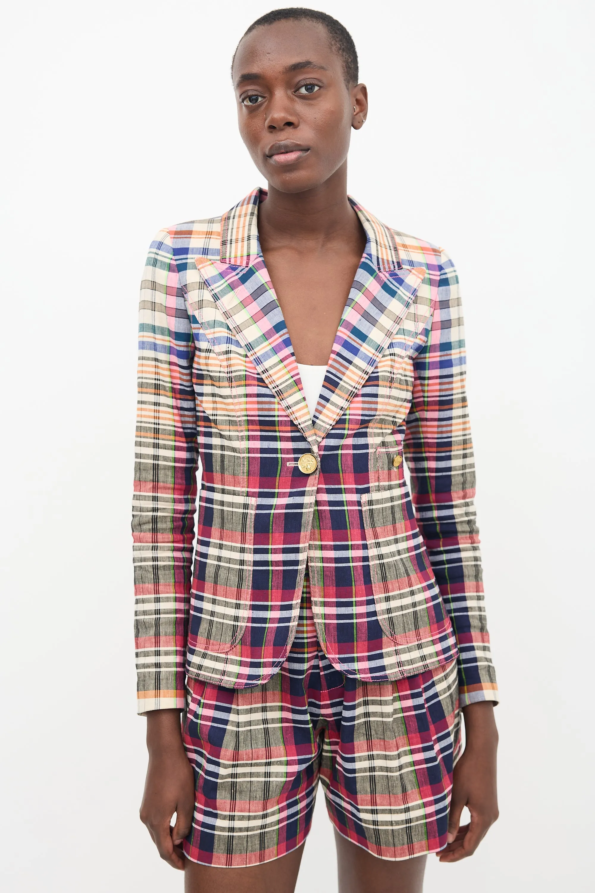 Pink & Multi Linen Plaid Blazer