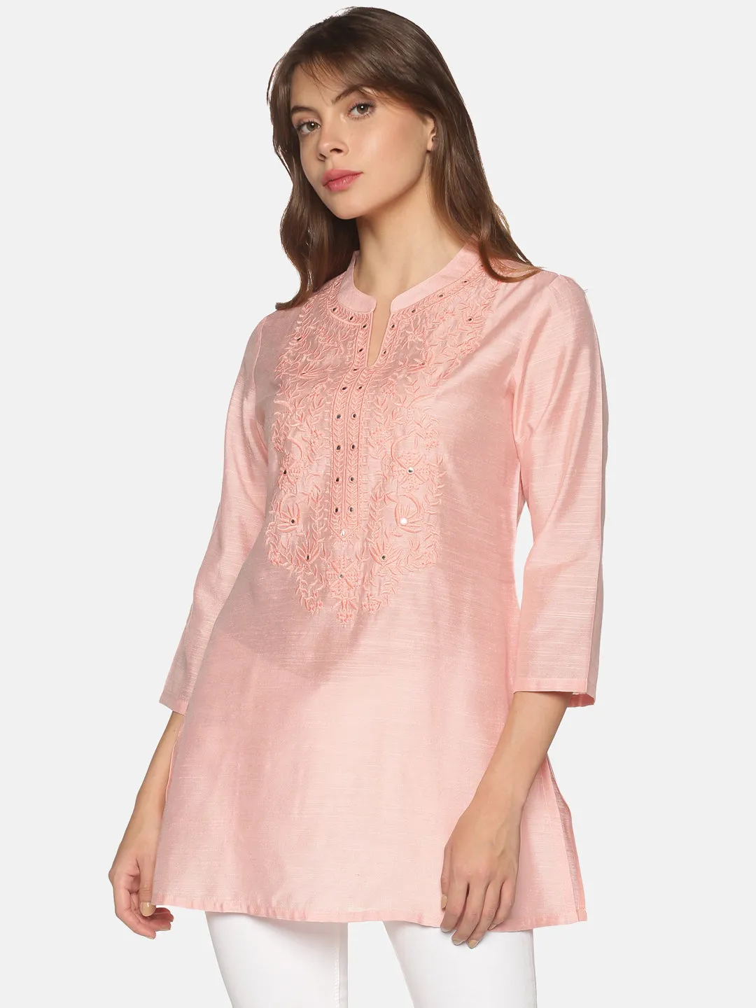 Pink Art Raw Silk Tunic with Floral Embroidered Neck & Mirror Accents