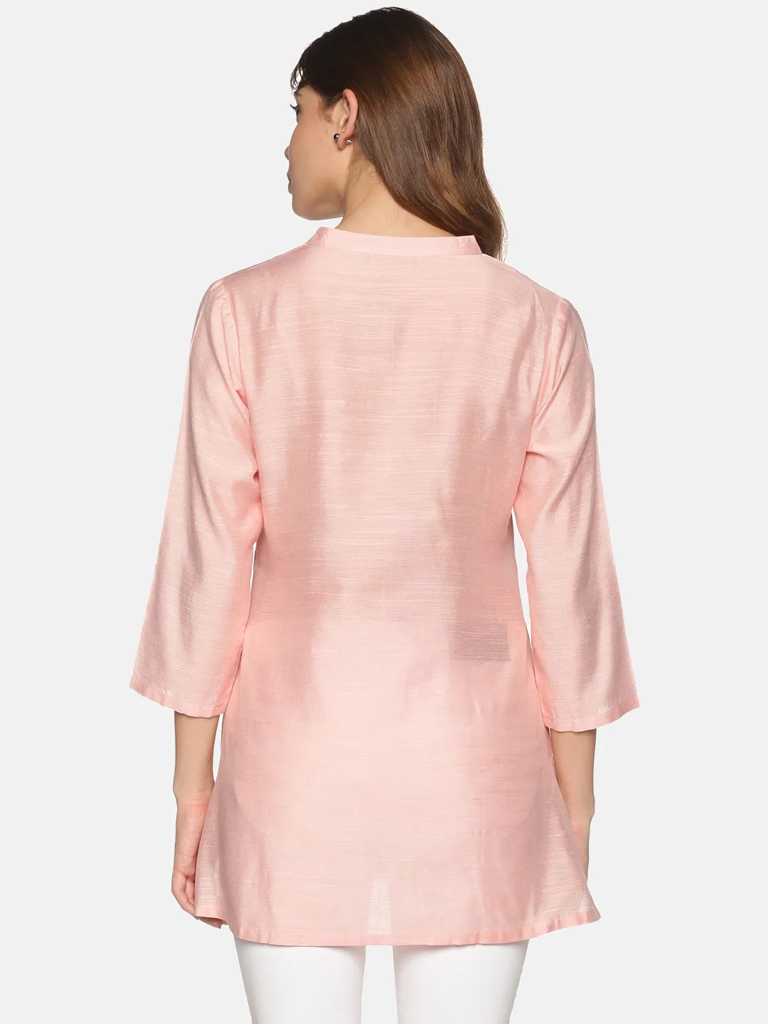 Pink Art Raw Silk Tunic with Floral Embroidered Neck & Mirror Accents