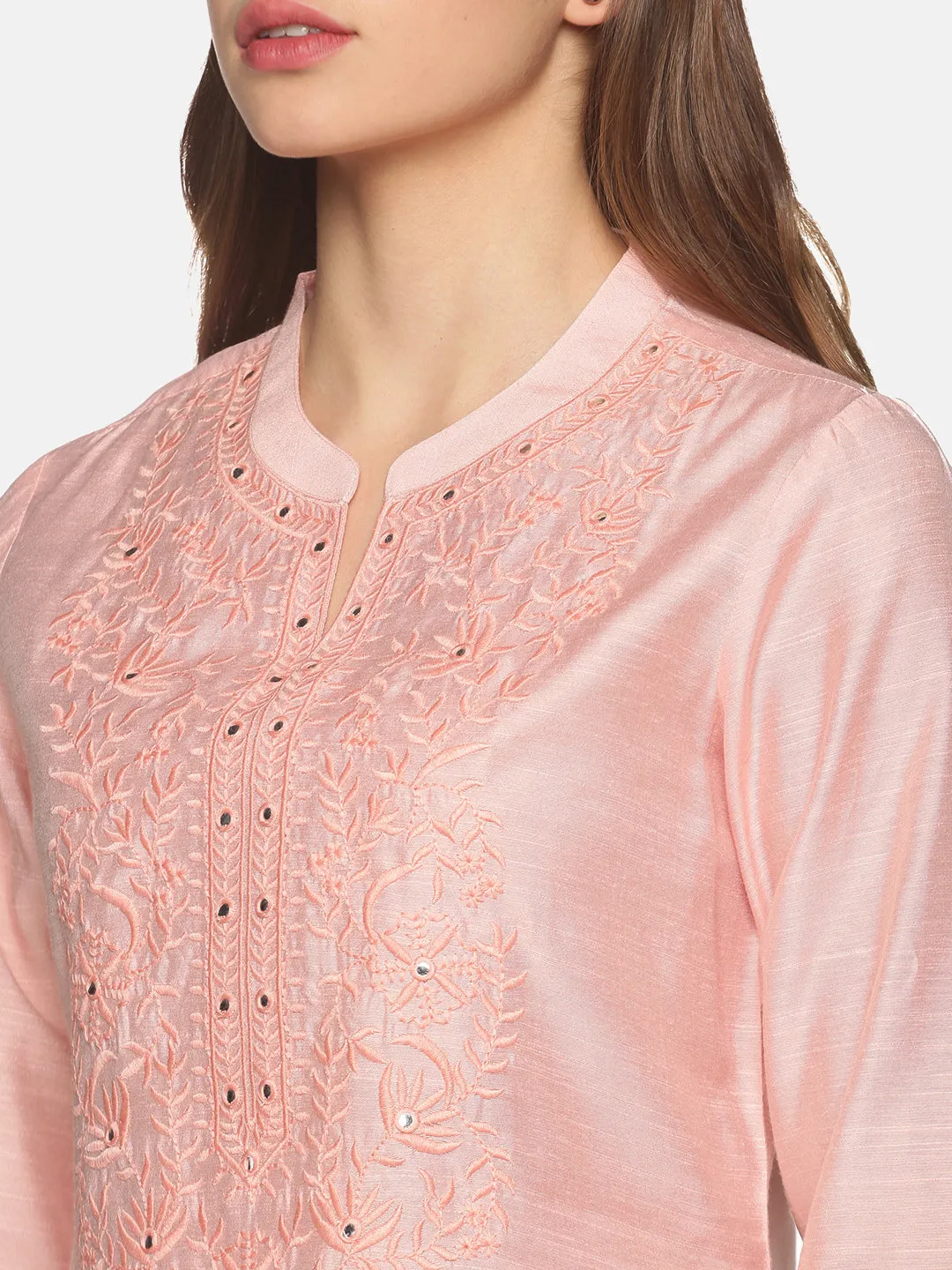 Pink Art Raw Silk Tunic with Floral Embroidered Neck & Mirror Accents